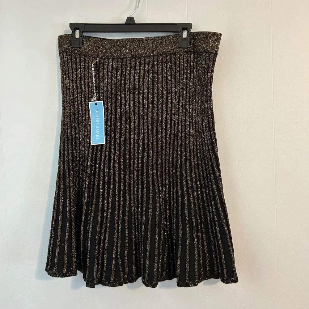 Draper James Black‎ Gold Metallic Knit Pleated Midi Skirt Size L elastic waist